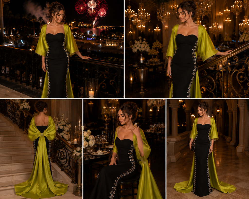Black Lime Embroidered Cape Evening Dress