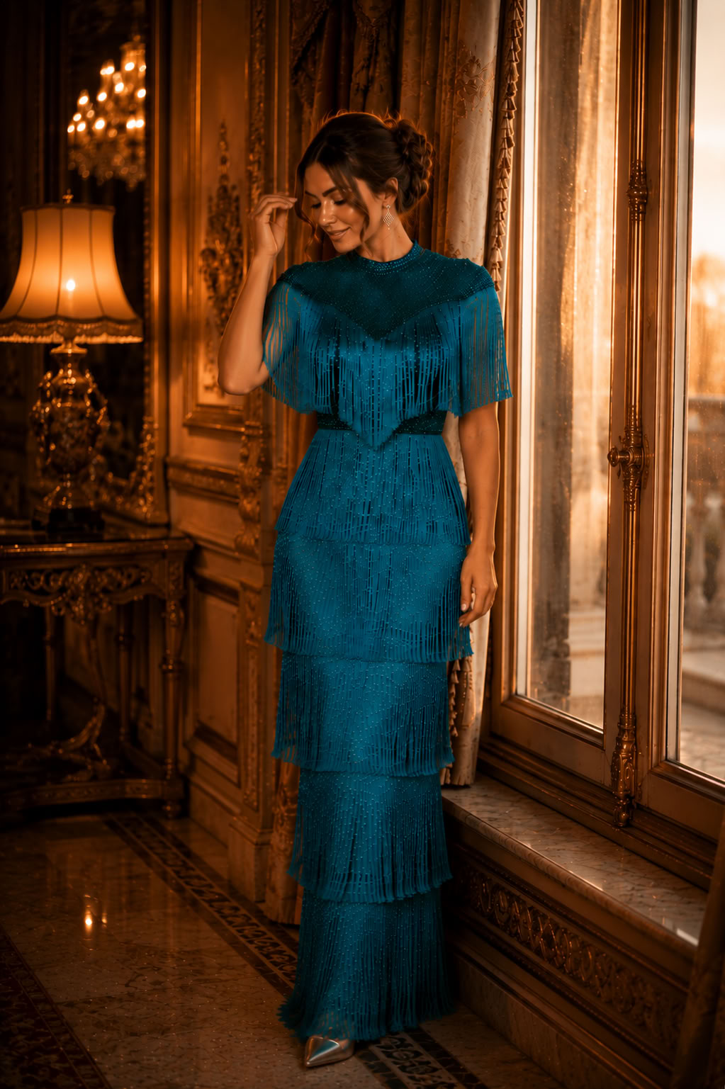 Teal Fringe Sequin Elegant Party Dress