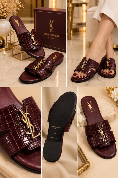 Saint Laurent Croc Embossed Slide Sandals