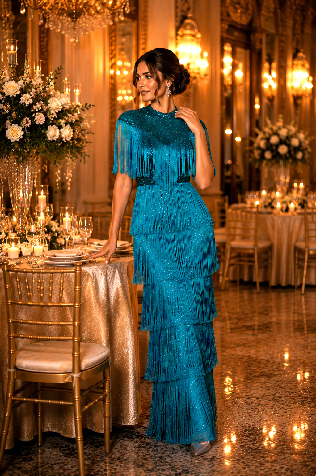 Teal Fringe Sequin Elegant Party Dress