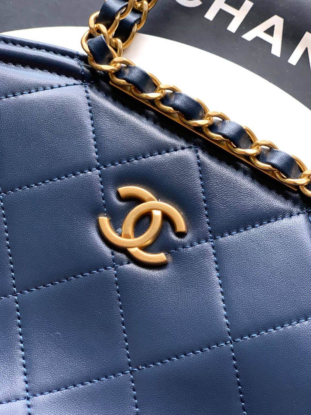 Blue Quilted Chain Extra Large Handbag