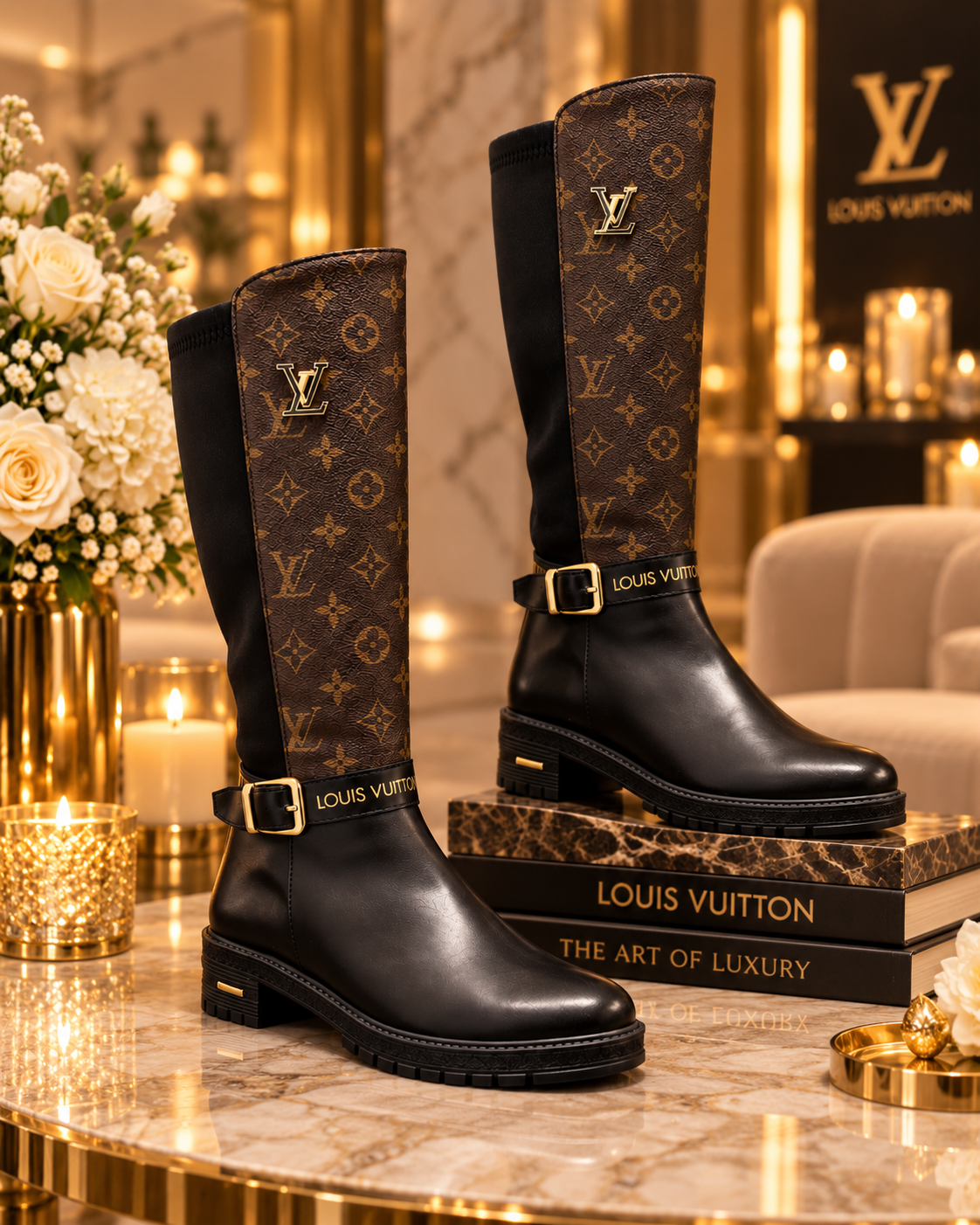 A pair of Louis Vuitton knee-high boots in black leather and the brand's brown monogram canvas, styled on a marble table with gold candlelight and luxury decor in a high-end interior.
