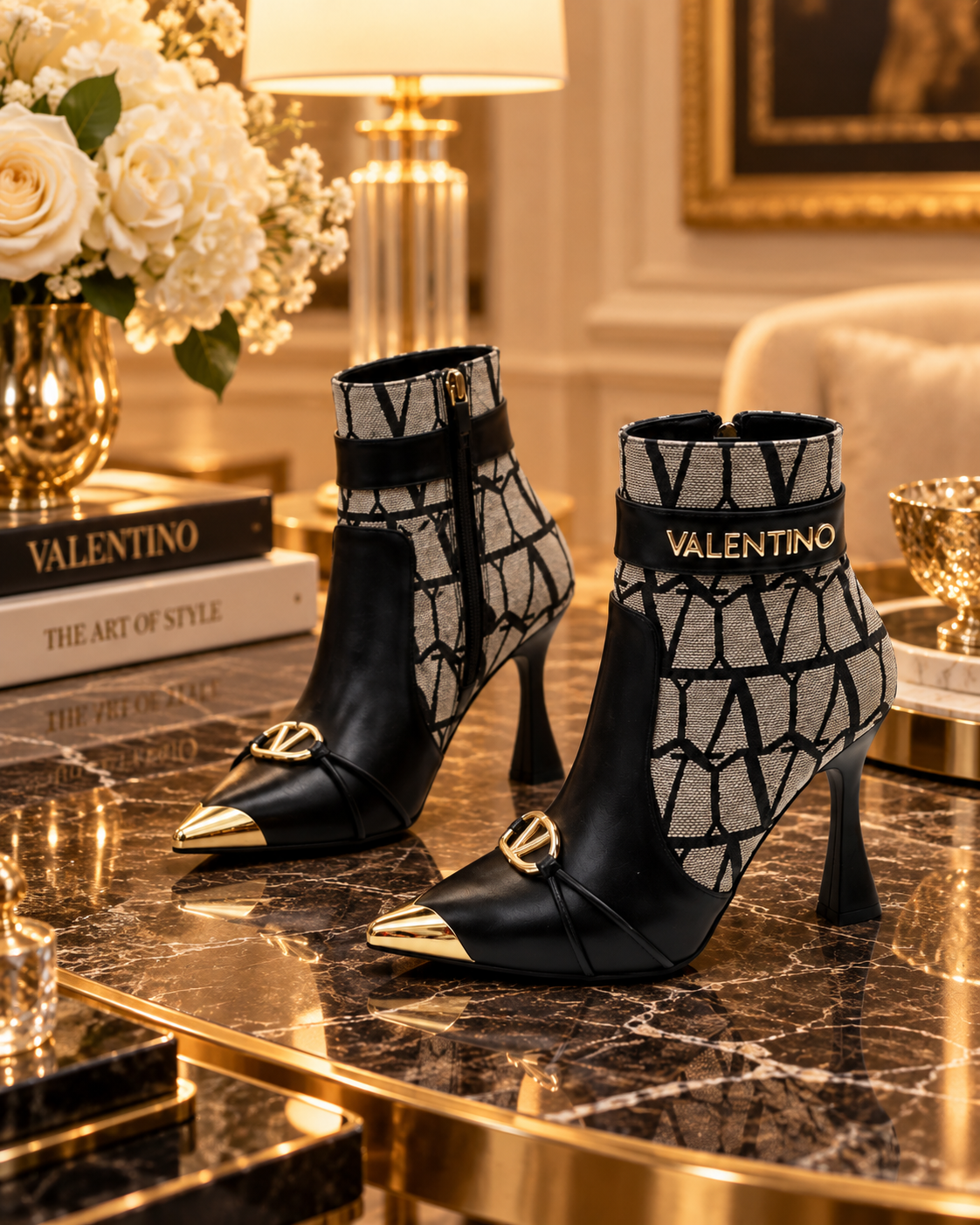 A pair of Valentino pointed-toe ankle boots with black leather and a gray monogram pattern, displayed on a polished marble table in an elegant interior setting.