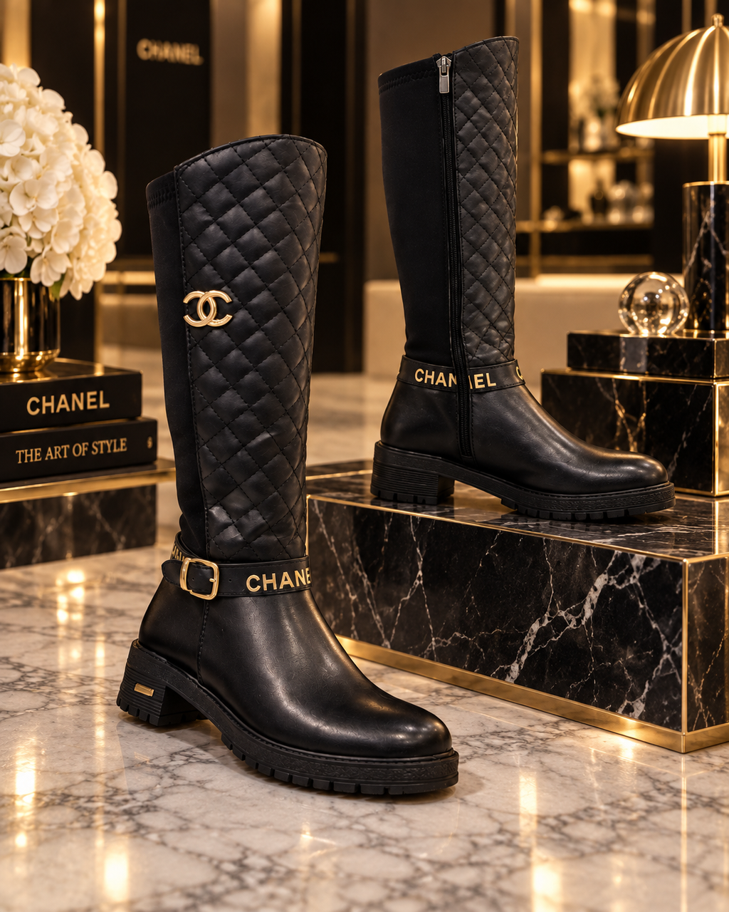 A pair of Chanel knee-high boots displayed on a marble pedestal in a luxury setting. One boot is black quilted leather with a gold-tone CC logo, and the other is black leather with a gold-tone CHANEL text detail near the ankle.