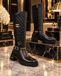 A pair of Chanel knee-high boots displayed on a marble pedestal in a luxury setting. One boot is black quilted leather with a gold-tone CC logo, and the other is black leather with a gold-tone CHANEL text detail near the ankle.