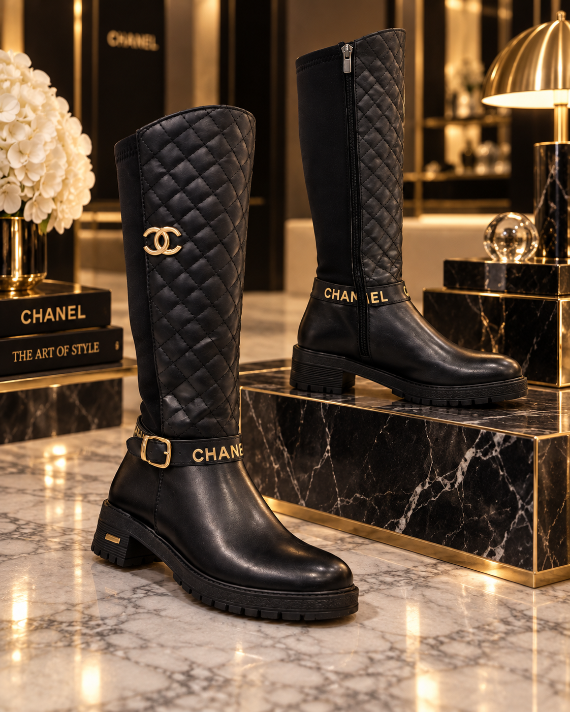 A pair of Chanel knee-high boots displayed on a marble pedestal in a luxury setting. One boot is black quilted leather with a gold-tone CC logo, and the other is black leather with a gold-tone CHANEL text detail near the ankle.