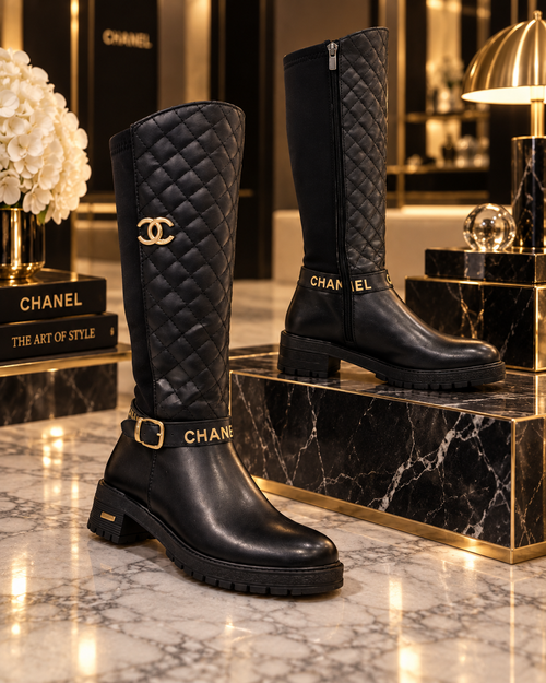 A pair of Chanel knee-high boots displayed on a marble pedestal in a luxury setting. One boot is black quilted leather with a gold-tone CC logo, and the other is black leather with a gold-tone CHANEL text detail near the ankle.
