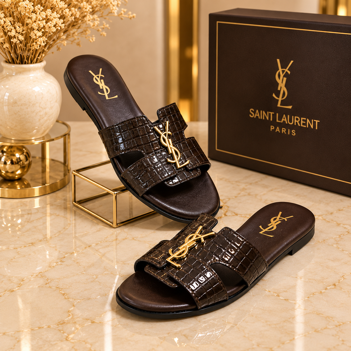 Saint Laurent Croc Embossed Slide Sandals