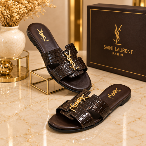 Saint Laurent Croc Embossed Slide Sandals