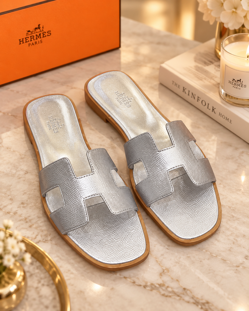 Leather H Cutout Flat Slide Sandals
