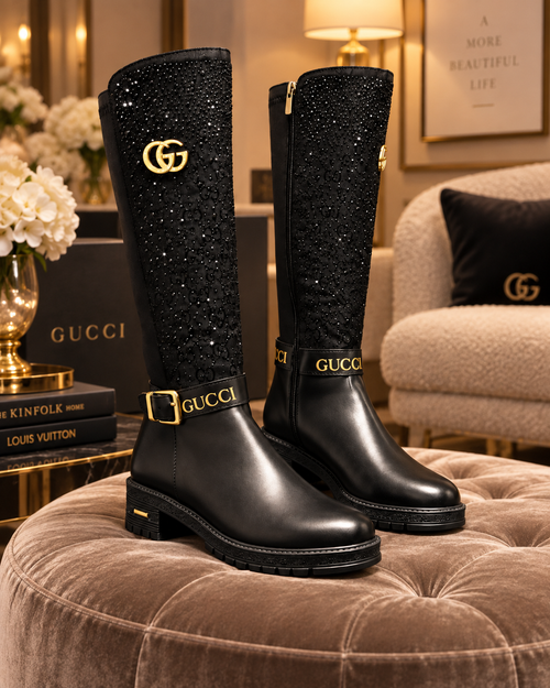 Black Crystal Knee-High Boots