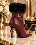 Burgundy Fur Cuff Stiletto Ankle Boots
