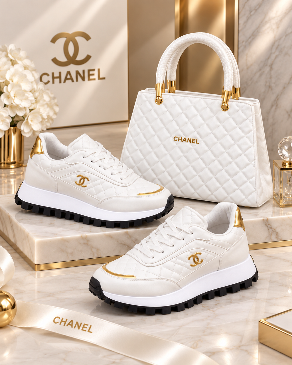 A pair of Chanel low-top sneakers in white and gold, displayed alongside a white quilted Chanel handbag on a marble and gold set. The background features a Chanel logo on a box and a Chanel ribbon.