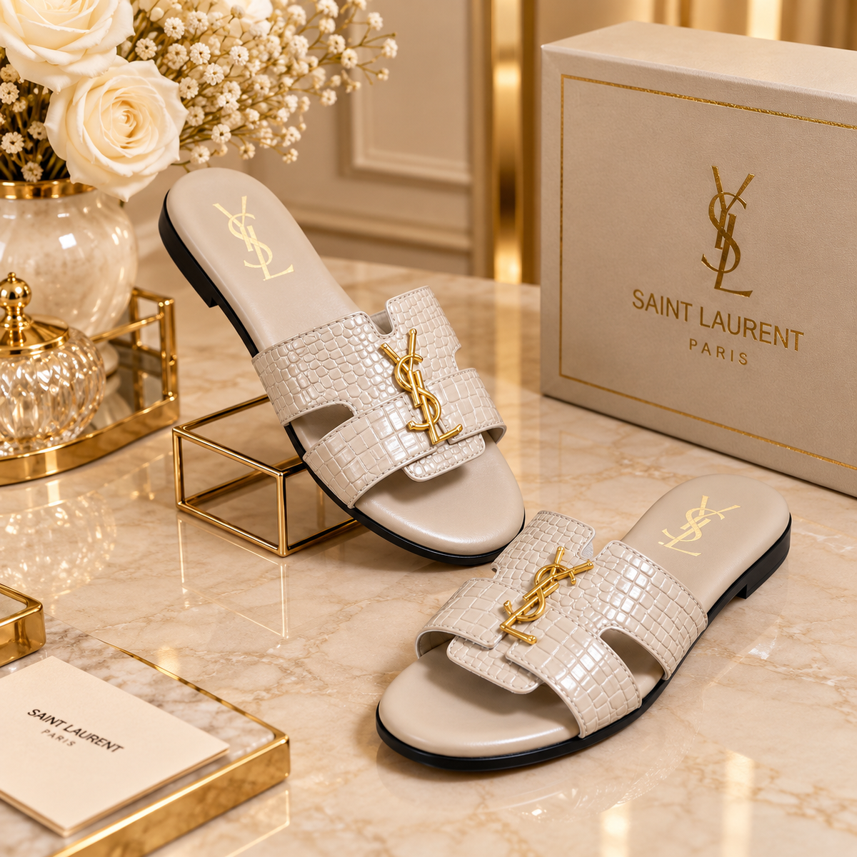 Saint Laurent Croc Embossed Slide Sandals