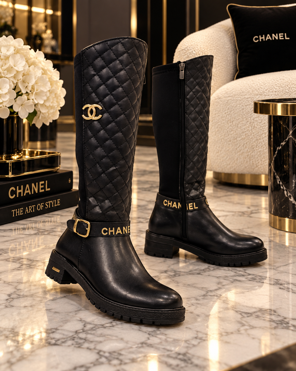 A pair of black Chanel knee-high boots with quilted panels, gold-tone hardware, and the Chanel logo and wordmark, displayed on a marble surface in a luxury interior setting.