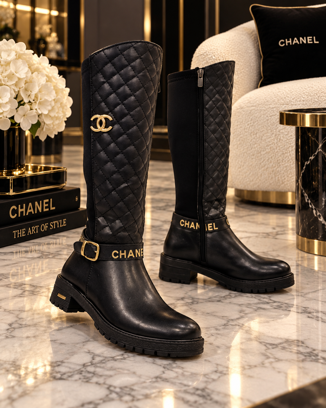 A pair of black Chanel knee-high boots with quilted panels, gold-tone hardware, and the Chanel logo and wordmark, displayed on a marble surface in a luxury interior setting.