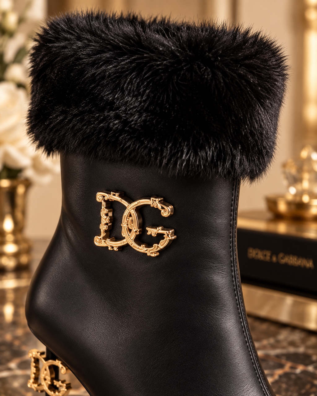 A close-up of a black leather ankle boot with a fluffy black faux-fur trim at the top and a prominent gold-tone DG logo on the side. The boot is shown in a luxurious indoor setting with gold-toned decor and a marble surface.