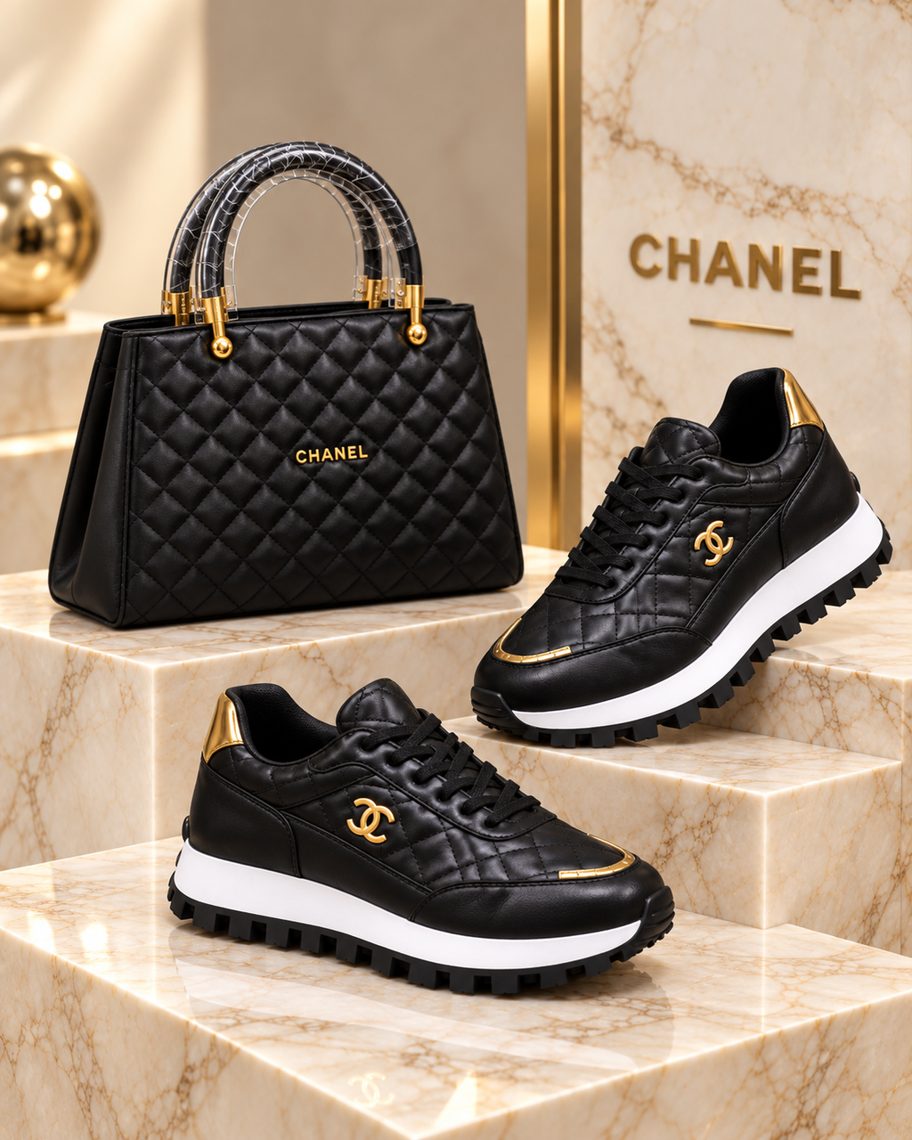 A pair of black Chanel low-top sneakers and a black quilted Chanel handbag displayed on beige marble steps. The sneakers feature gold-tone accents, white midsoles, and the interlocking CC logo, while the handbag has a quilted black body, gold hardware, and a patterned top handle.