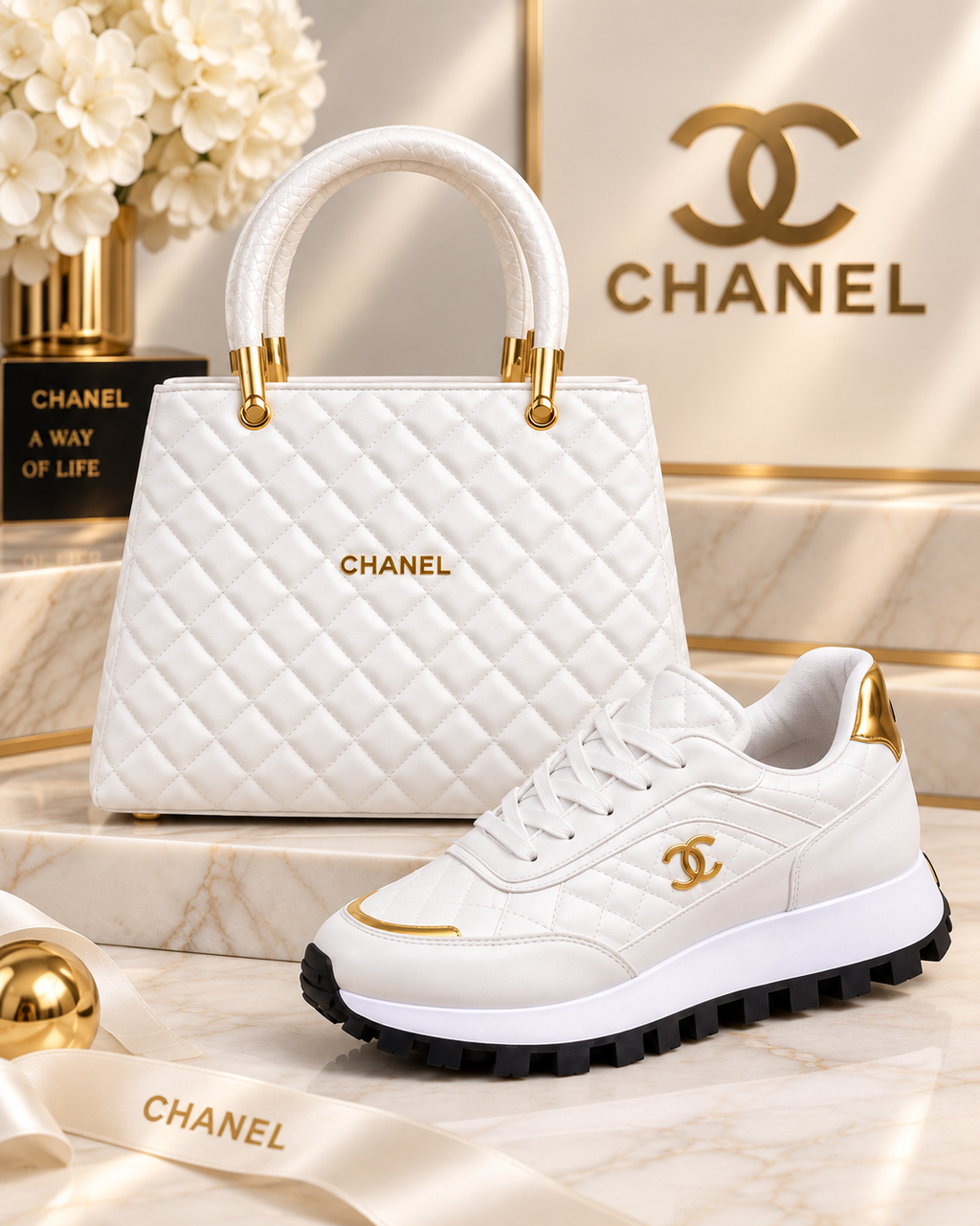 A white quilted Chanel handbag with gold hardware and a white Chanel sneaker with gold accents, styled on a marble surface with a Chanel logo backdrop and ribbon.