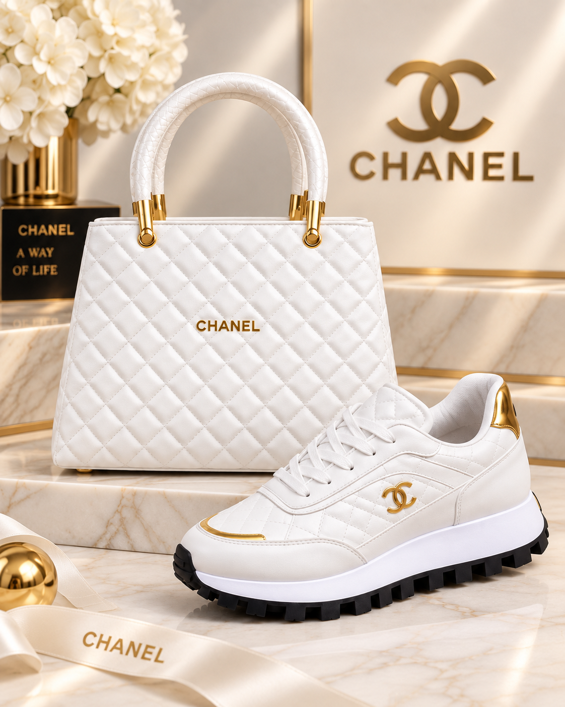 A white quilted Chanel handbag with gold hardware and a white Chanel sneaker with gold accents, styled on a marble surface with a Chanel logo backdrop and ribbon.