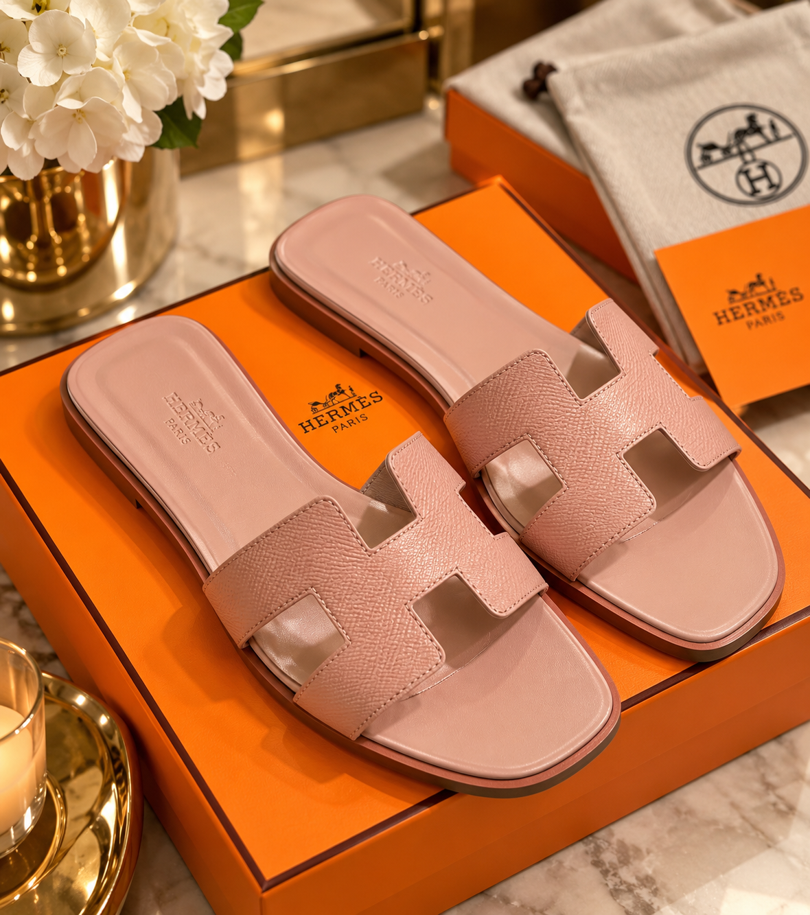 Leather H Cutout Flat Slide Sandals