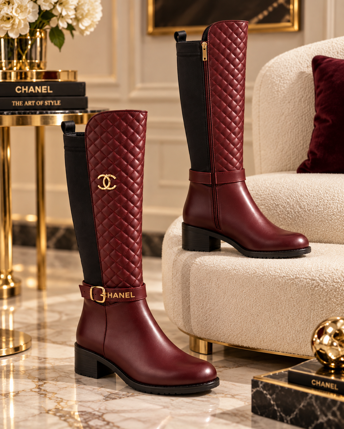 A pair of Chanel knee-high boots in burgundy quilted leather with black side panels and gold-tone hardware, displayed in an elegant interior setting with a cream sofa and marble floor.