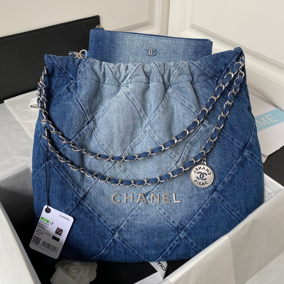 Blue Quilted Chain Extra Large Handbag