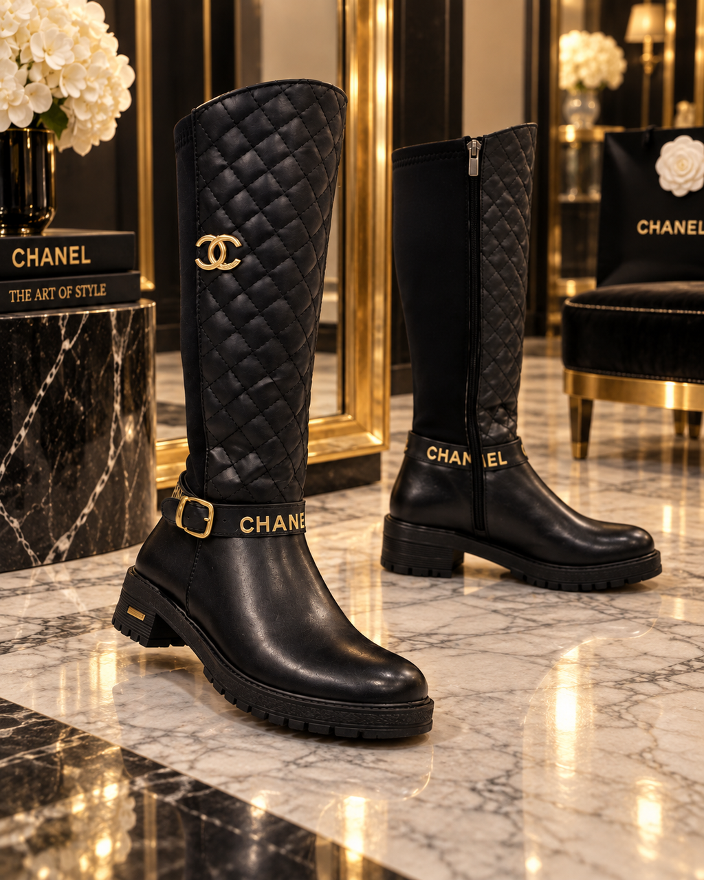 A pair of black Chanel knee-high boots displayed on a polished marble floor in a luxury interior. One boot is shown from the front, featuring a quilted shaft with a gold-tone interlocking CC logo and a gold CHANEL-embossed buckle strap.