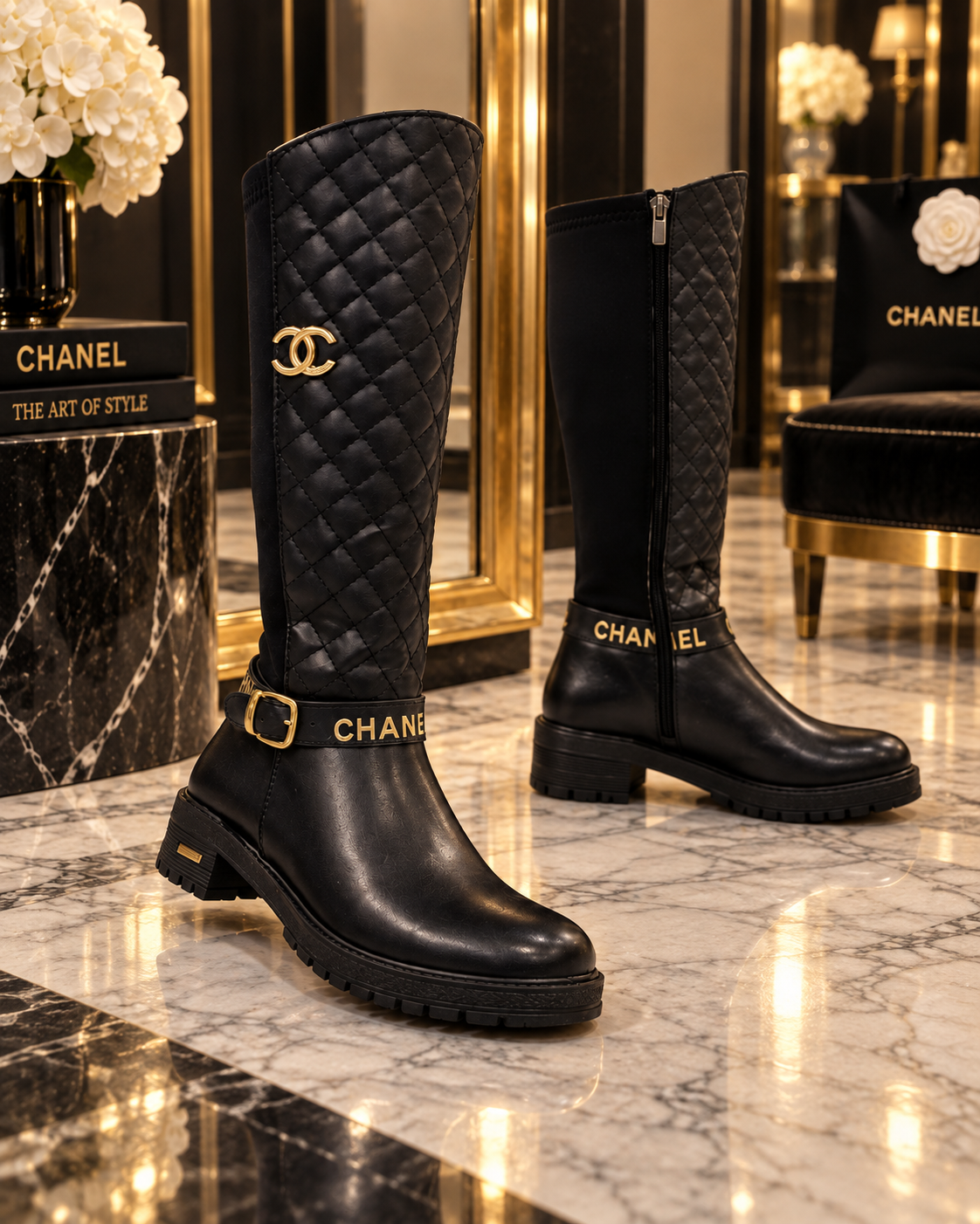 A pair of black Chanel knee-high boots displayed on a polished marble floor in a luxury interior. One boot is shown from the front, featuring a quilted shaft with a gold-tone interlocking CC logo and a gold CHANEL-embossed buckle strap.