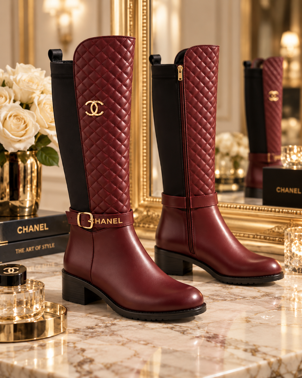 A pair of Chanel knee-high boots in burgundy and black, featuring a quilted shaft with a gold interlocking CC logo and a buckle strap at the ankle, displayed on a marble surface with Chanel branding and decorative flowers.
