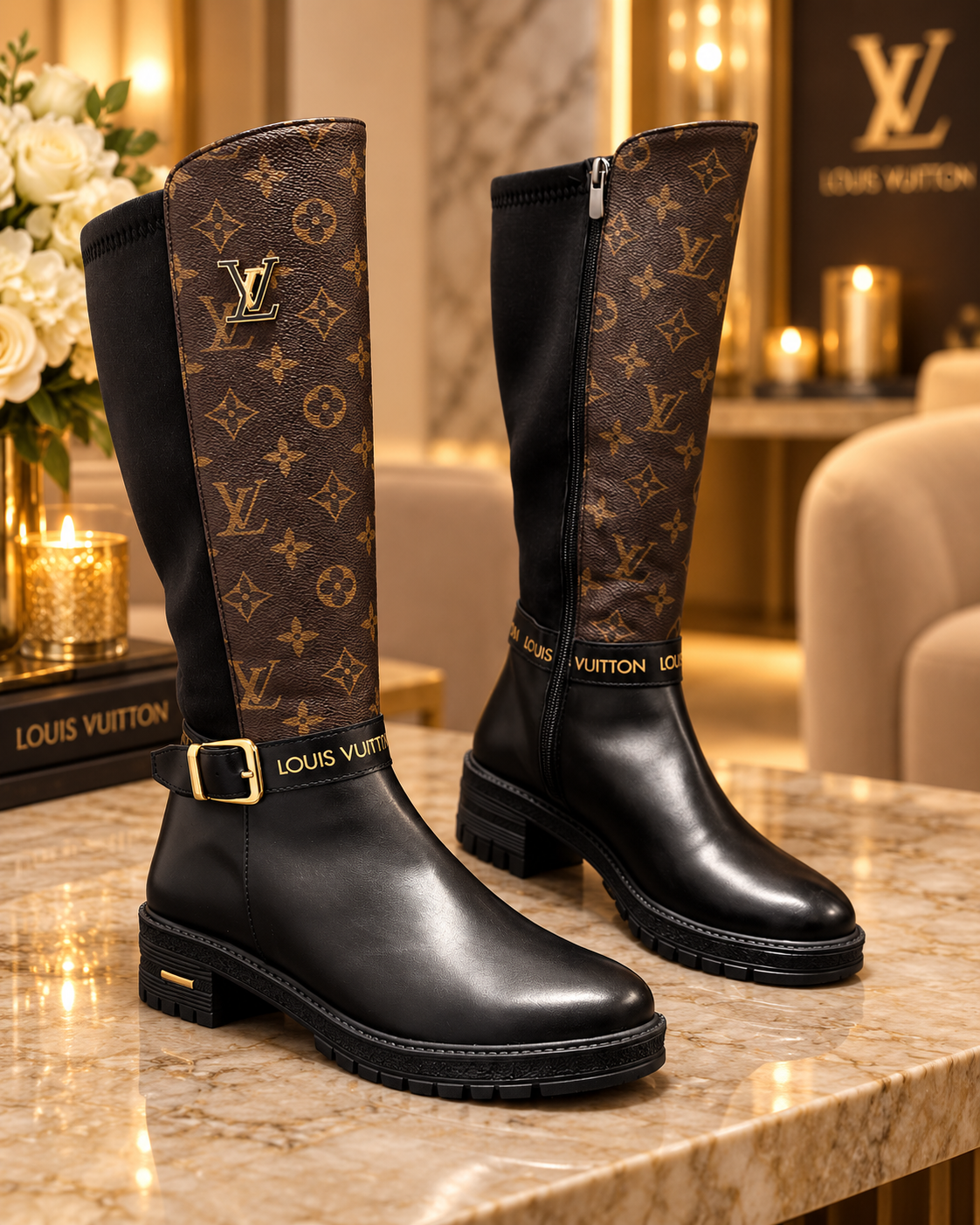 A pair of Louis Vuitton knee-high boots with black leather lower sections and brown monogram-patterned upper shafts, displayed on a marble surface in a luxurious interior setting.
