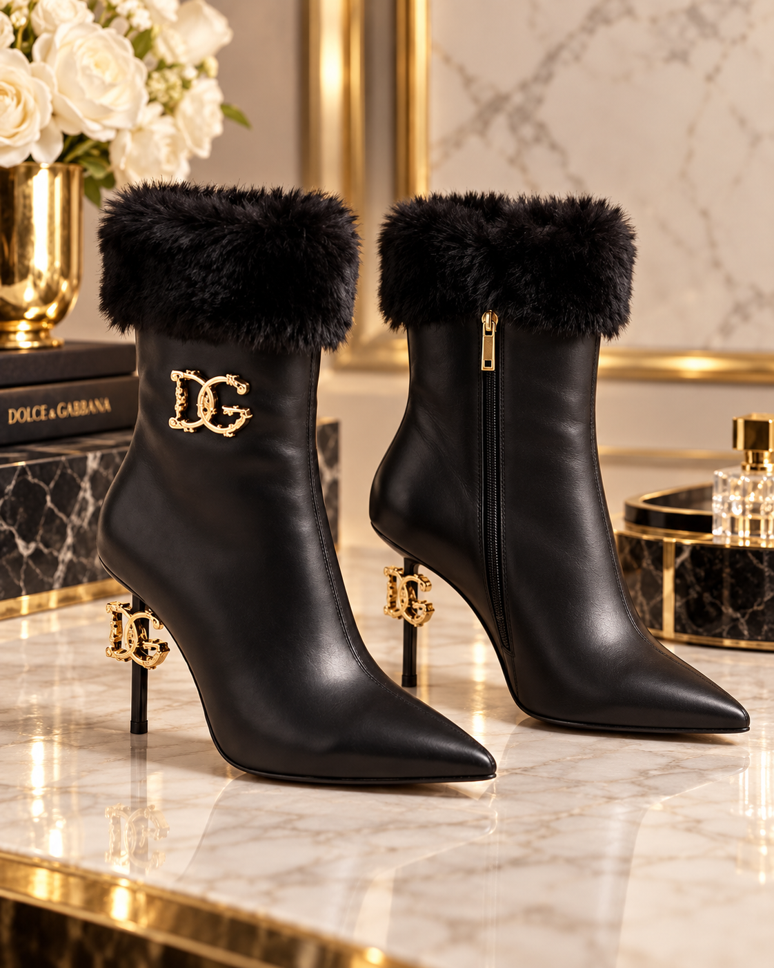 A pair of black leather ankle boots with black faux fur trim, gold-tone high heels, and a gold-tone 'DG' logo on the side, displayed on a marble surface with luxury props.