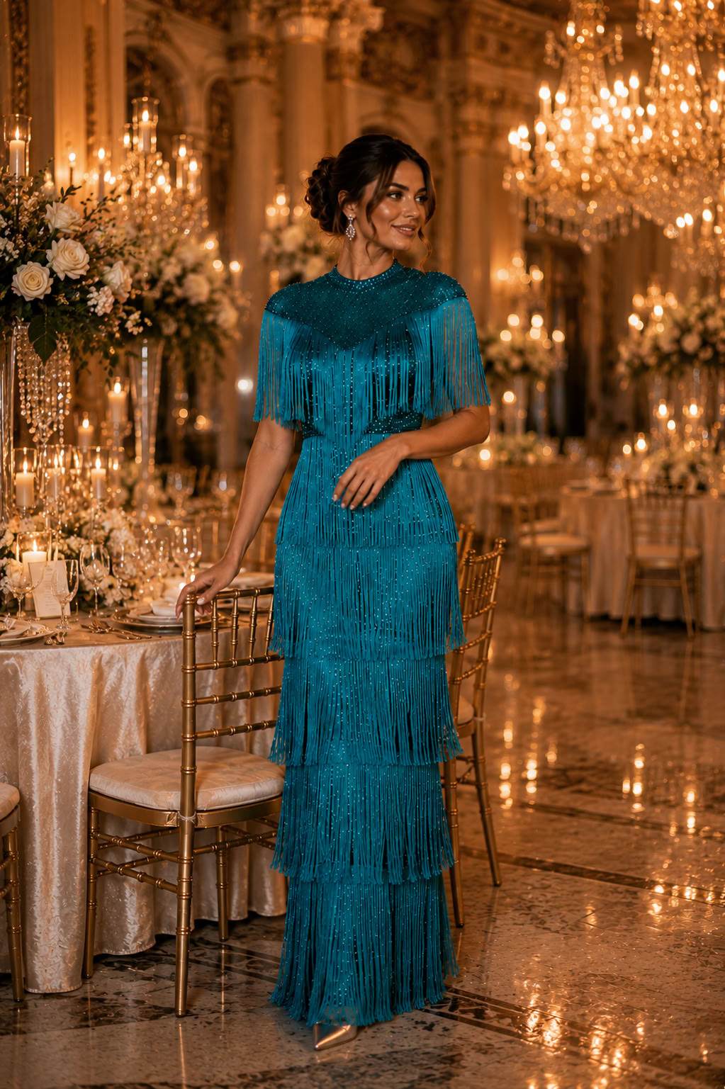 Teal Fringe Sequin Elegant Party Dress