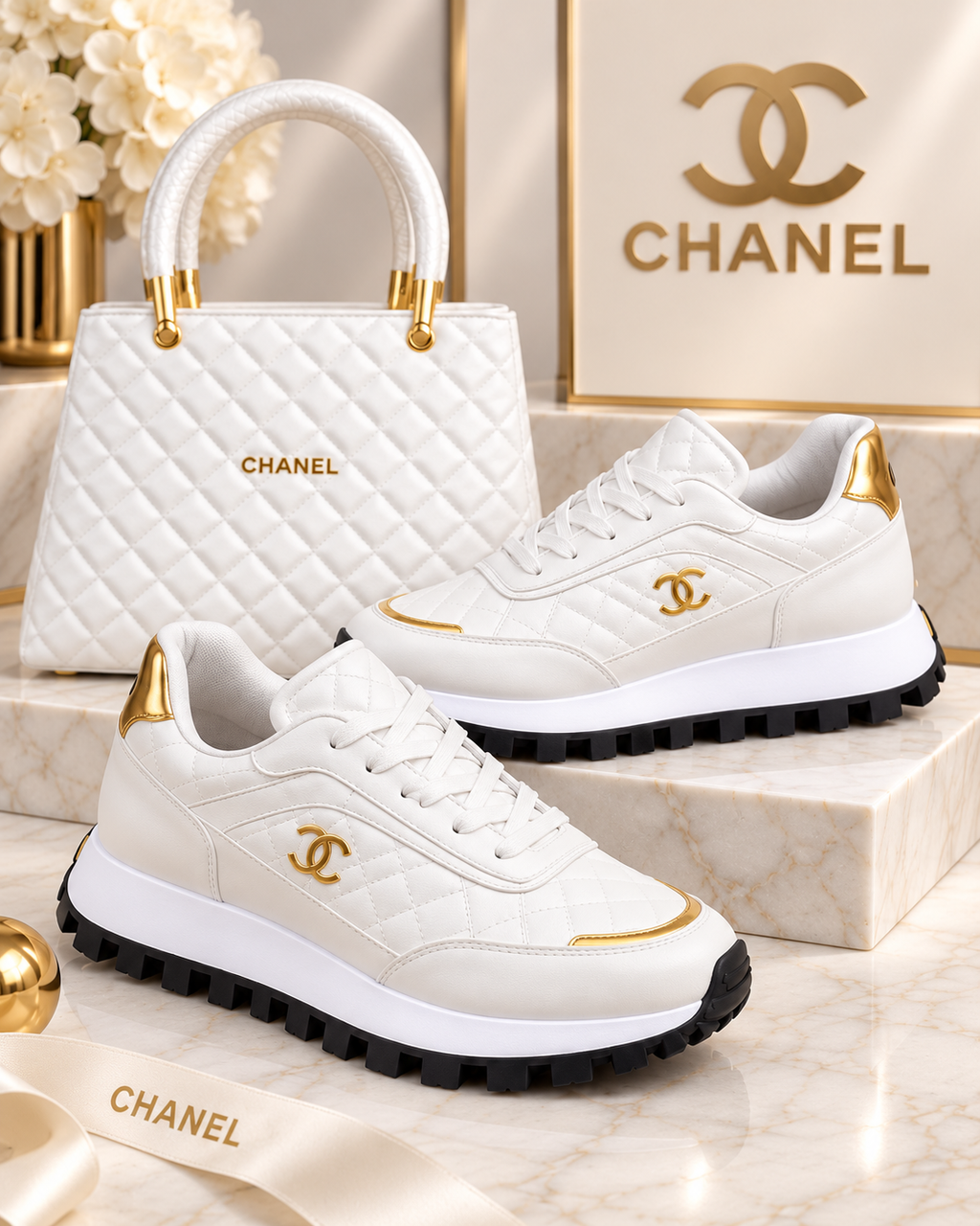 A pair of Chanel low-top sneakers in white quilted leather with gold logo details and gold heel accents, displayed alongside a matching white quilted Chanel handbag on a marble surface with Chanel branding in the background.