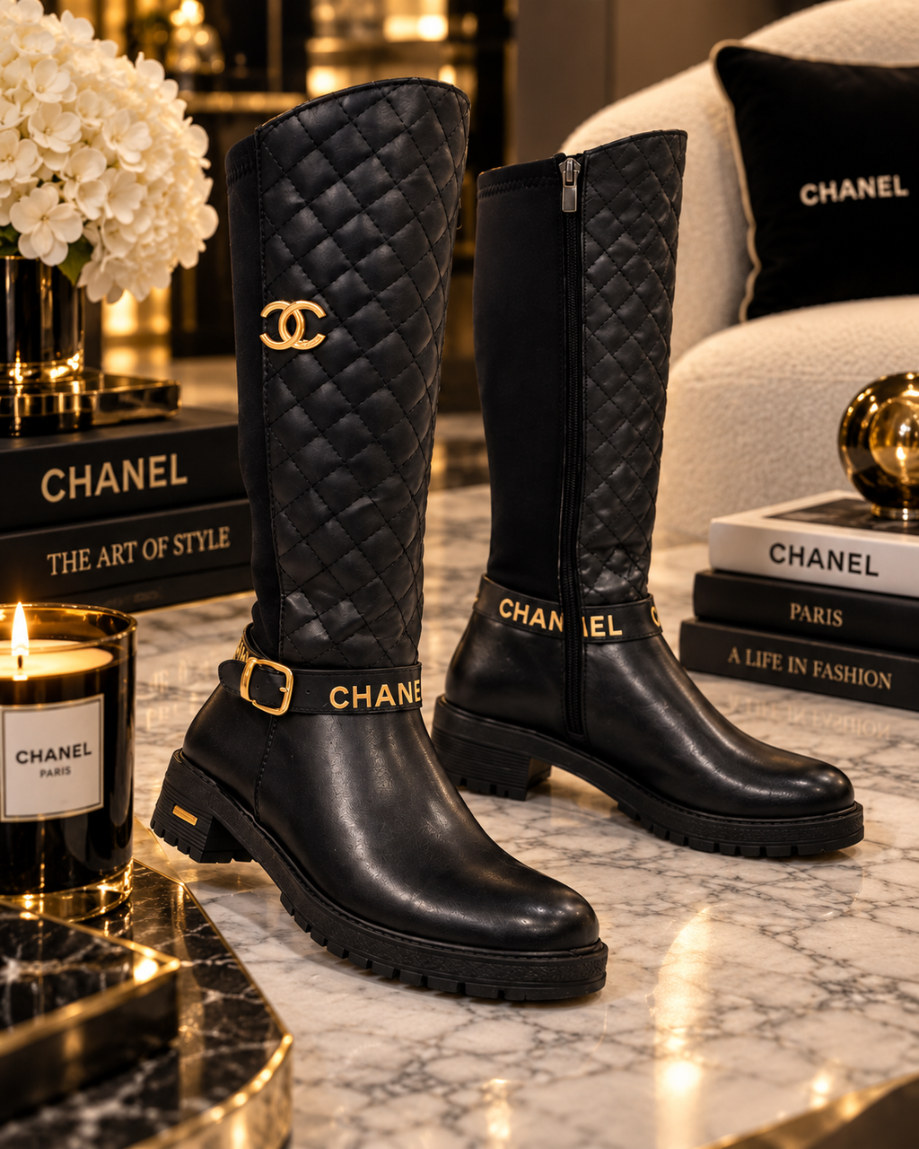 A pair of black quilted knee-high boots with gold-tone hardware and CHANEL branding, displayed on a marble surface with decorative books, flowers, and a chair in a luxury interior setting.