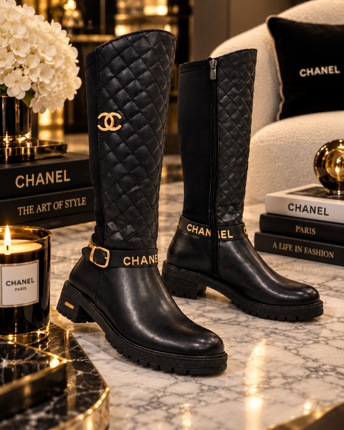 A pair of black quilted knee-high boots with gold-tone hardware and CHANEL branding, displayed on a marble surface with decorative books, flowers, and a chair in a luxury interior setting.