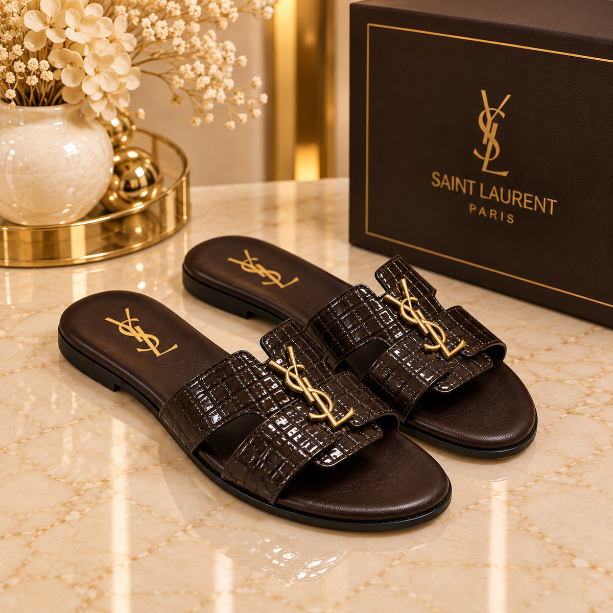 Saint Laurent Croc Embossed Slide Sandals