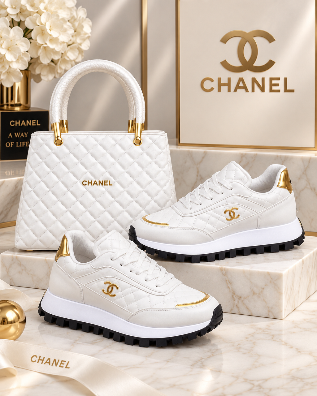 A pair of Chanel low-top sneakers in white quilted leather with gold accents and black soles, displayed alongside a matching white quilted Chanel handbag on a marble surface with Chanel branding in the background.