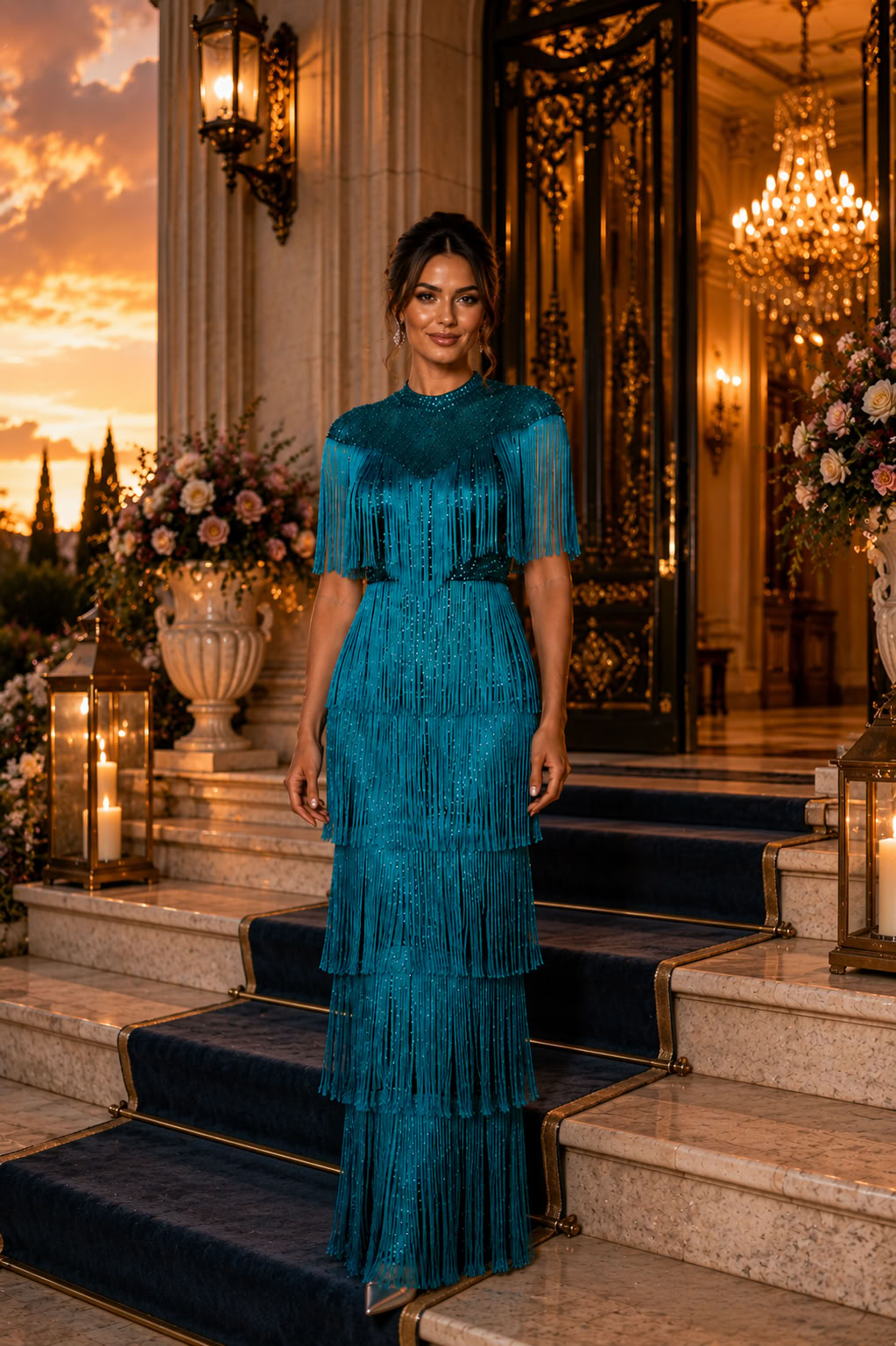 Teal Fringe Sequin Elegant Party Dress