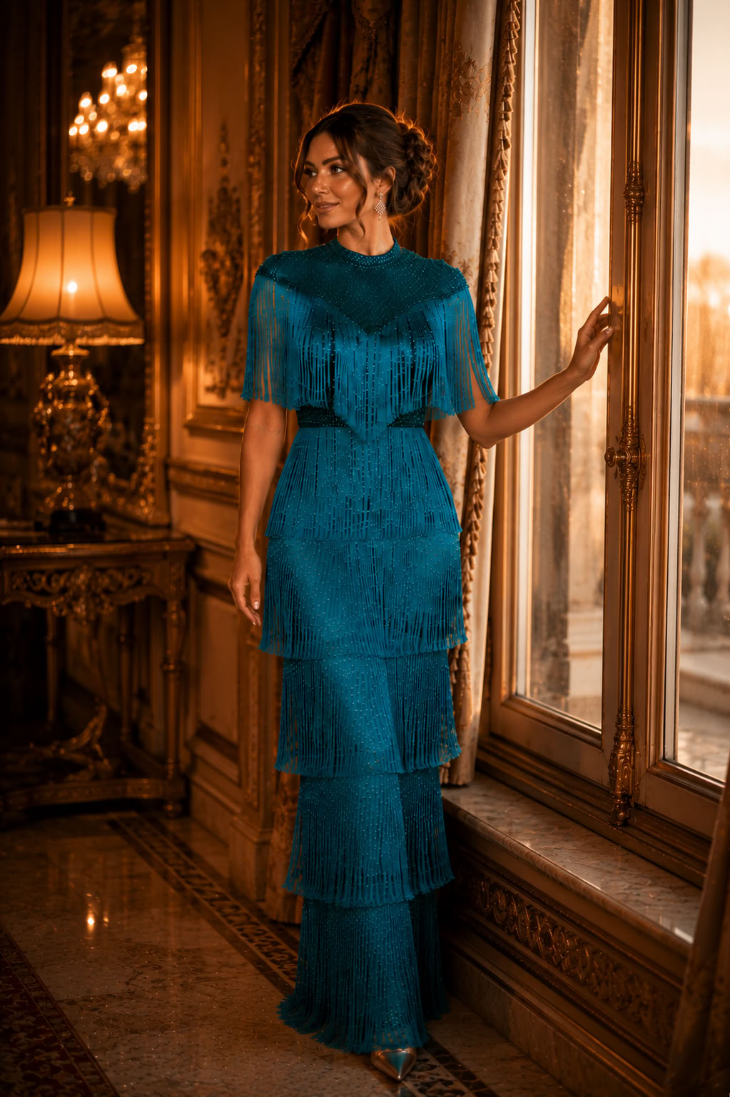Teal Fringe Sequin Elegant Party Dress