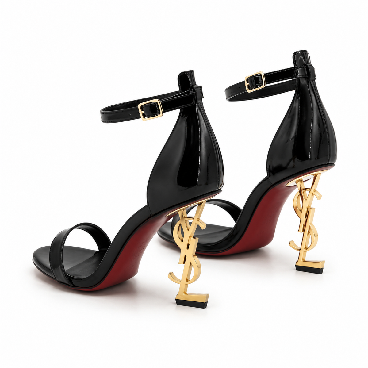 Black Patent Gold Sculptural Heel Sandals