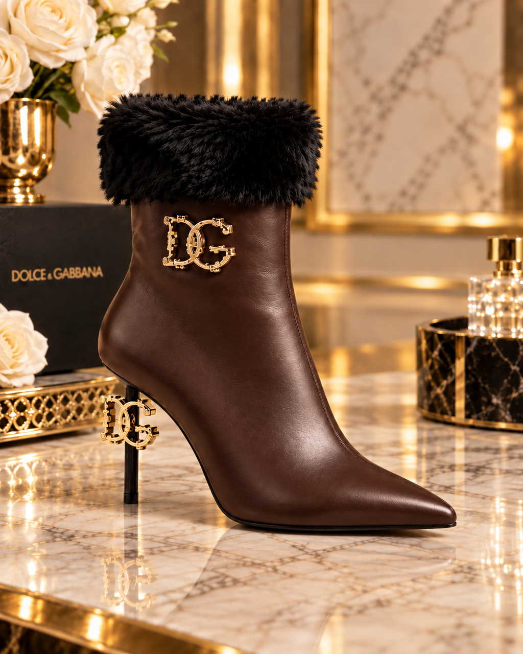 Brown Fur Cuff Stiletto Ankle Boots