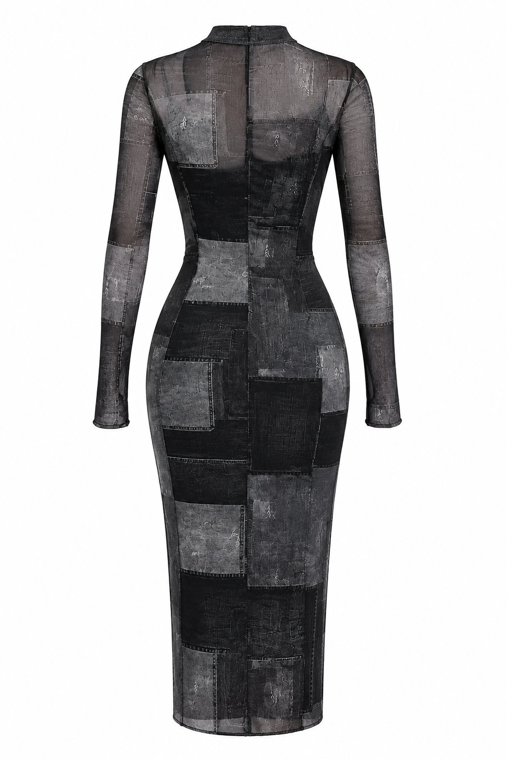 Black Sheer Patchwork Long Sleeve Dress