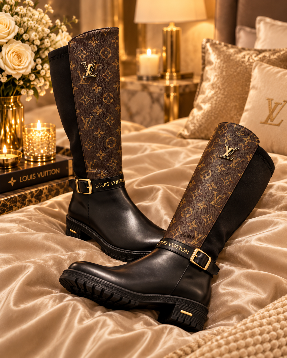 A pair of Louis Vuitton knee-high rain boots displayed on a bed with satin sheets and decorative pillows. The boots feature a brown monogram pattern on the upper shaft, a black leather lower section, and gold-tone hardware.