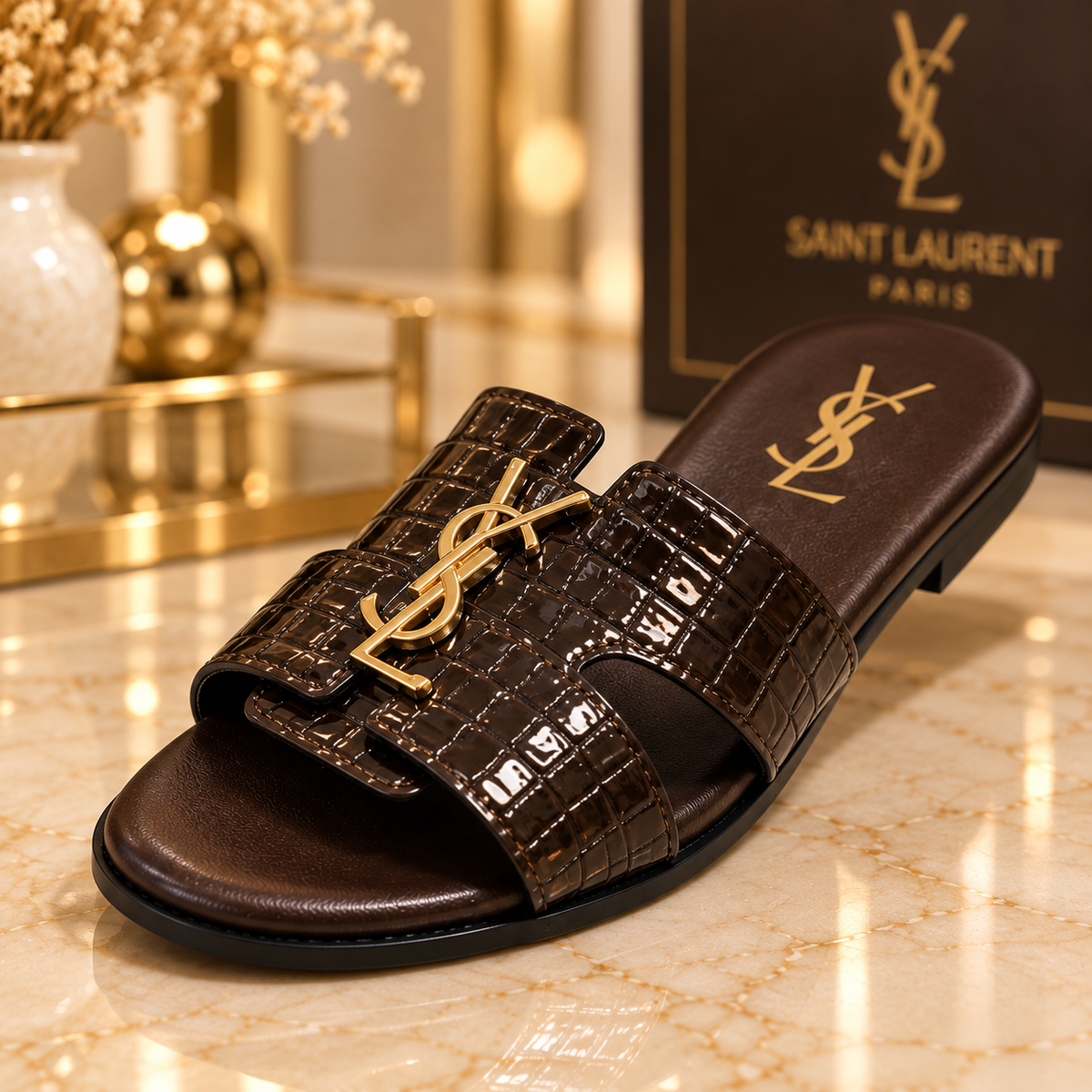 Saint Laurent Croc Embossed Slide Sandals