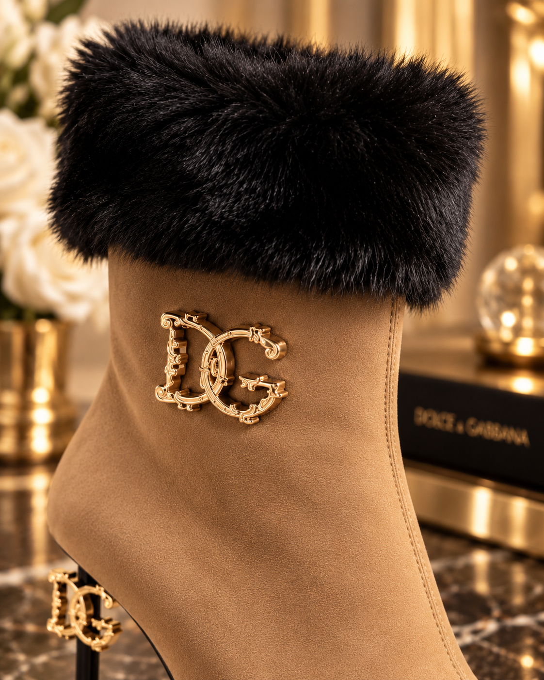 A tan suede ankle boot with a fluffy black faux-fur trim at the top and a prominent gold-tone interlocking DG logo on the side, shown in a luxury interior setting.