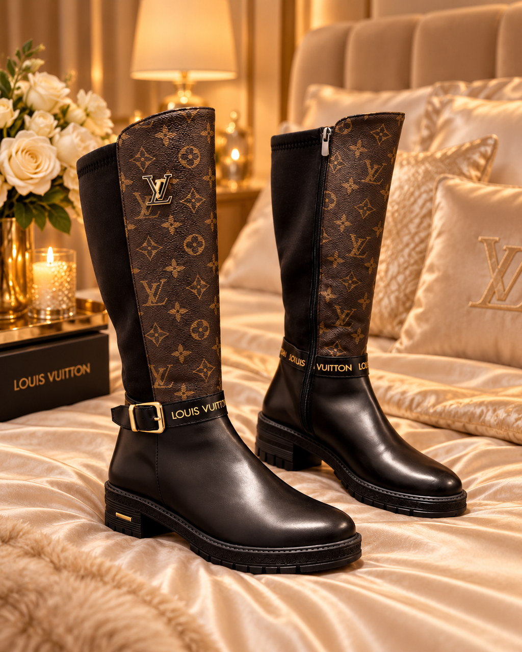 A pair of Louis Vuitton knee-high boots displayed on a satin-covered bed in a luxurious bedroom setting. The boots feature a black leather lower section, a brown monogram-patterned upper shaft, and a black leather ankle strap with a gold buckle and 'LOUIS VUITTON' text.