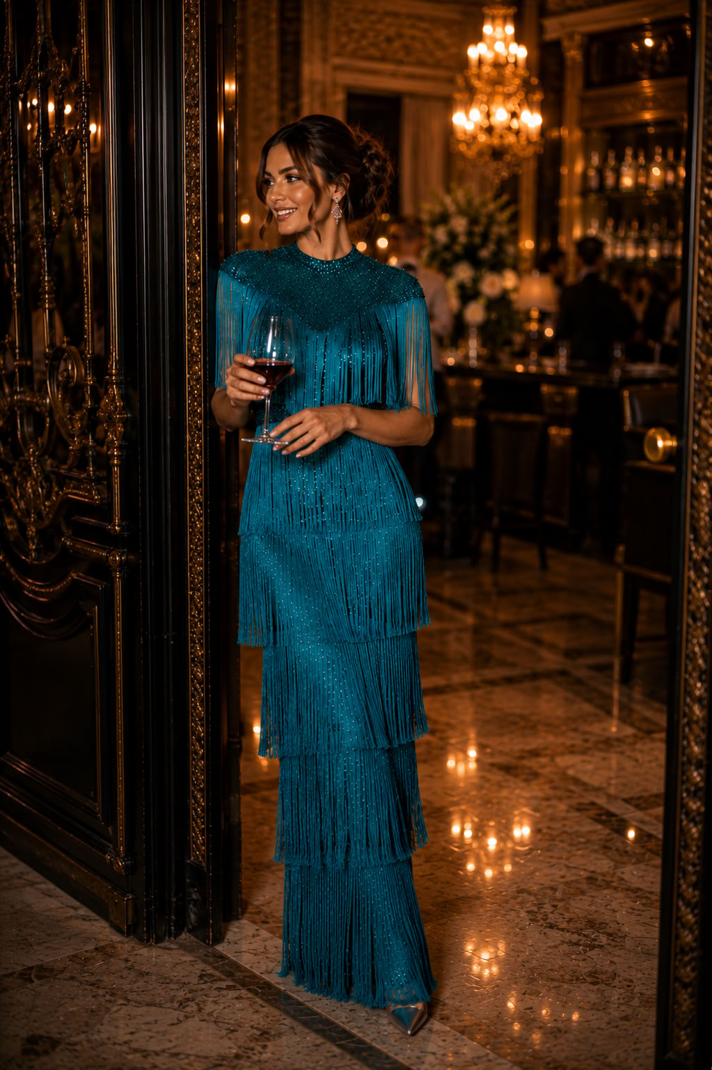 Teal Fringe Sequin Elegant Party Dress