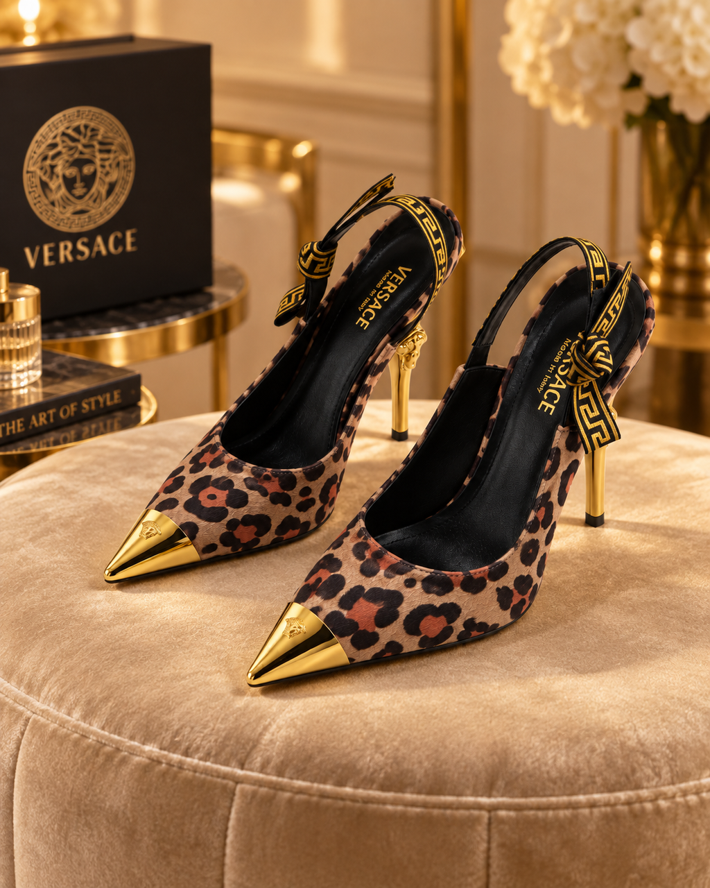 Leopard Print Slingback Heels | Gold Detail
