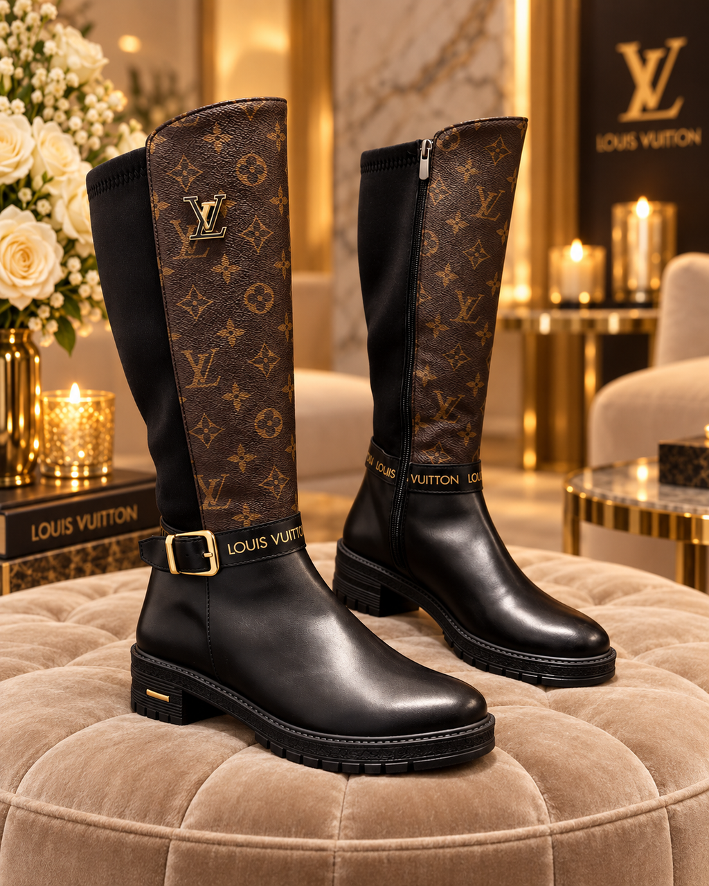 A pair of Louis Vuitton knee-high boots displayed on a beige tufted ottoman in an elegant, luxury interior setting. The boots feature a brown monogram pattern on the upper shaft with a black leather lower section and a gold-tone buckle detail.